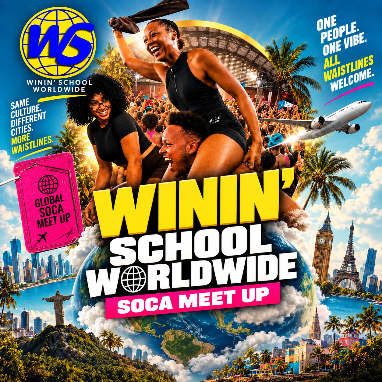 A street full of people dancing together at a city soca meetup